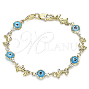 Pulsera Elegante 03.326.0009.3.06 Oro Laminado, Diseño de Ojo Griego y Delfín, Resinado Turquesa, Tono Dorado (07 MM Thickness, 6 Inches Length)