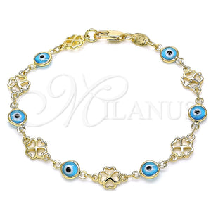 Pulsera Elegante 03.326.0011.3.08 Oro Laminado, Diseño de Ojo Griego y Trébol de Cuatro Hojas, Resinado Turquesa, Tono Dorado (08 MM Thickness, 8 Inches Length)