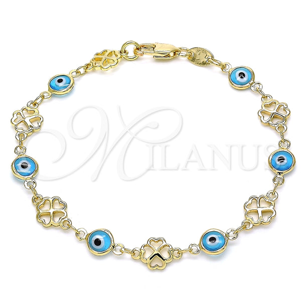 Pulsera Elegante 03.326.0011.3.08 Oro Laminado, Diseño de Ojo Griego y Trébol de Cuatro Hojas, Resinado Turquesa, Tono Dorado (08 MM Thickness, 8 Inches Length)