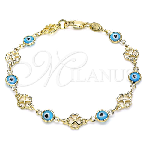 Pulsera Elegante 03.326.0011.3.08 Oro Laminado, Diseño de Ojo Griego y Trébol de Cuatro Hojas, Resinado Turquesa, Tono Dorado (08 MM Thickness, 8 Inches Length)