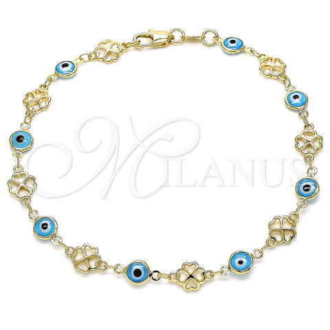 Tobillera Elegante 03.326.0011.3.10 Oro Laminado, Diseño de Ojo Griego y Trébol de Cuatro Hojas, Resinado Turquesa, Tono Dorado (08 MM Thickness, 10 Inches Length)