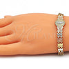Pulsera Elegante 03.380.0098.07 Oro Laminado, Diseño de Guadalupe y Flor, con Blanca Micro Pave, Diamantado, Tres Tonos (08 MM Thickness, 7 Inches Length)