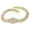 Pulsera Elegante 03.380.0098.07 Oro Laminado, Diseño de Guadalupe y Flor, con Blanca Micro Pave, Diamantado, Tres Tonos (08 MM Thickness, 7 Inches Length)