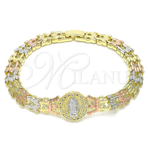 Pulsera Elegante 03.380.0098.07 Oro Laminado, Diseño de Guadalupe y Flor, con Blanca Micro Pave, Diamantado, Tres Tonos (08 MM Thickness, 7 Inches Length)