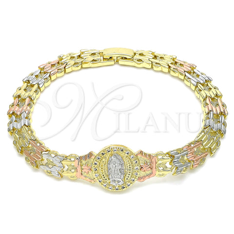 Pulsera Elegante 03.380.0098.07 Oro Laminado, Diseño de Guadalupe y Flor, con Blanca Micro Pave, Diamantado, Tres Tonos (08 MM Thickness, 7 Inches Length)