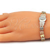 Pulsera Elegante 03.380.0099.07 Oro Laminado, Diseño de Guadalupe y Flor, Diamantado, Tres Tonos (08 MM Thickness, 7 Inches Length)