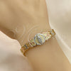 Pulsera Elegante 03.380.0099.07 Oro Laminado, Diseño de Guadalupe y Flor, Diamantado, Tres Tonos (08 MM Thickness, 7 Inches Length)
