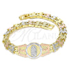 Pulsera Elegante 03.380.0099.07 Oro Laminado, Diseño de Guadalupe y Flor, Diamantado, Tres Tonos (08 MM Thickness, 7 Inches Length)