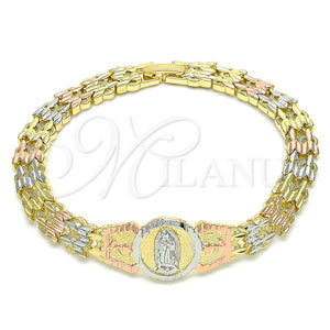 Pulsera Elegante 03.380.0099.07 Oro Laminado, Diseño de Guadalupe y Flor, Diamantado, Tres Tonos (08 MM Thickness, 7 Inches Length)
