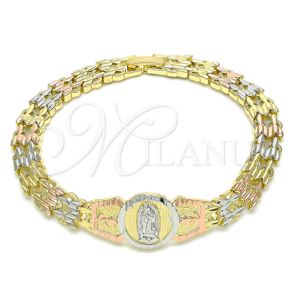 Pulsera Elegante 03.380.0099.07 Oro Laminado, Diseño de Guadalupe y Flor, Diamantado, Tres Tonos (08 MM Thickness, 7 Inches Length)