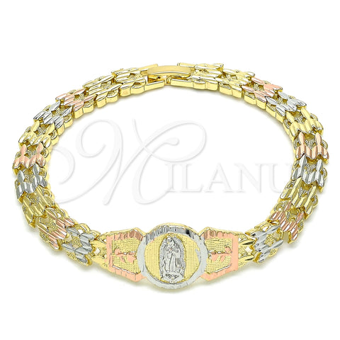 Pulsera Elegante 03.380.0099.07 Oro Laminado, Diseño de Guadalupe y Flor, Diamantado, Tres Tonos (08 MM Thickness, 7 Inches Length)