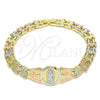 Pulsera Elegante 03.380.0099.07 Oro Laminado, Diseño de Guadalupe y Flor, Diamantado, Tres Tonos (08 MM Thickness, 7 Inches Length)