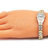 Pulsera Elegante 03.100.0064.1.07 Oro Laminado, Diseño de Divino Niño y Corazón, Diamantado, Tres Tonos (08 MM Thickness, 7 Inches Length)