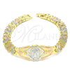 Pulsera Elegante 03.100.0064.1.07 Oro Laminado, Diseño de Divino Niño y Corazón, Diamantado, Tres Tonos (08 MM Thickness, 7 Inches Length)