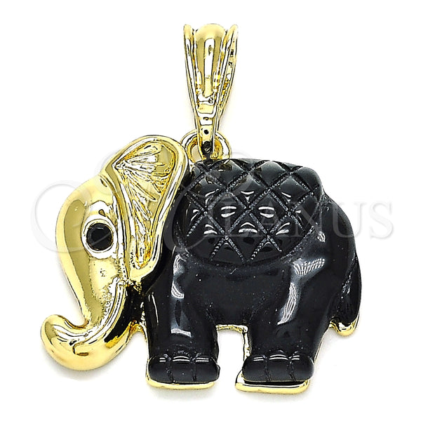 Dije Elegante 05.380.0119.1 Oro Laminado, Diseño de Elefante, con Negro Cristal, Resinado Negro, Tono Dorado