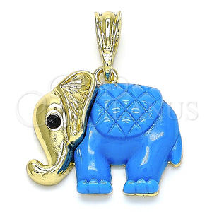 Dije Elegante 05.380.0119.2 Oro Laminado, Diseño de Elefante, con Negro Cristal, Resinado Azul, Tono Dorado