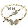 Collar, Pulsera y Dije 06.372.0033 Oro Laminado, Diseño de Besos y Abrazos y Mariposa, con Blanca Cristal, Pulido, Tono Dorado