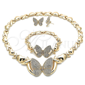 Collar, Pulsera y Dije 06.372.0033 Oro Laminado, Diseño de Besos y Abrazos y Mariposa, con Blanca Cristal, Pulido, Tono Dorado