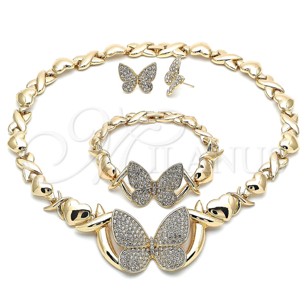Collar, Pulsera y Dije 06.372.0033 Oro Laminado, Diseño de Besos y Abrazos y Mariposa, con Blanca Cristal, Pulido, Tono Dorado