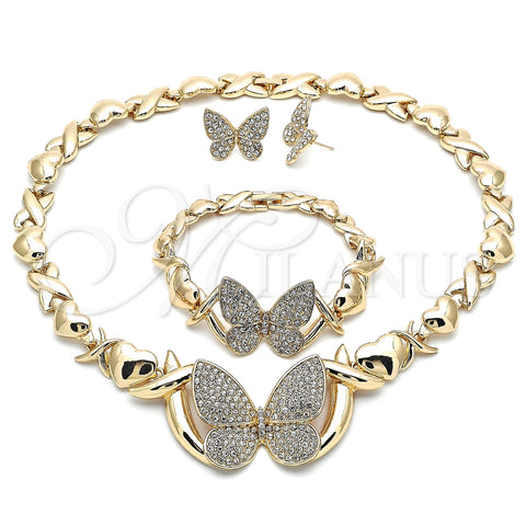 Collar, Pulsera y Dije 06.372.0033 Oro Laminado, Diseño de Besos y Abrazos y Mariposa, con Blanca Cristal, Pulido, Tono Dorado