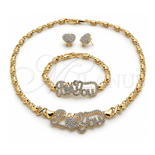 Collar, Pulsera y Dije 06.372.0035 Oro Laminado, Diseño de Besos y Abrazos y Amor, con Cristal Blanca, Pulido, Tono Dorado