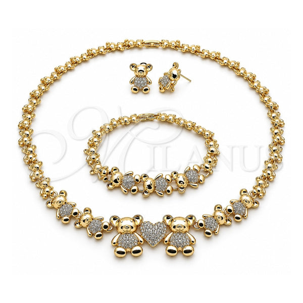 Collar, Pulsera y Dije 06.372.0037 Oro Laminado, Diseño de Osito y Corazón, con Cristal Blanca, Pulido, Tono Dorado