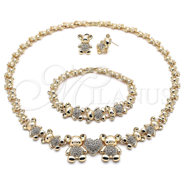 Collar, Pulsera y Dije 06.372.0037 Oro Laminado, Diseño de Osito y Corazón, con Blanca Cristal, Pulido, Tono Dorado