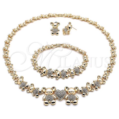 Collar, Pulsera y Dije 06.372.0037 Oro Laminado, Diseño de Osito y Corazón, con Blanca Cristal, Pulido, Tono Dorado