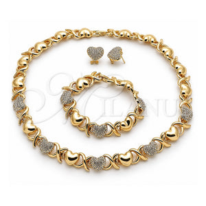 Collar, Pulsera y Dije 06.372.0038 Oro Laminado, Diseño de Besos y Abrazos y Corazón, con Cristal Blanca, Pulido, Tono Dorado