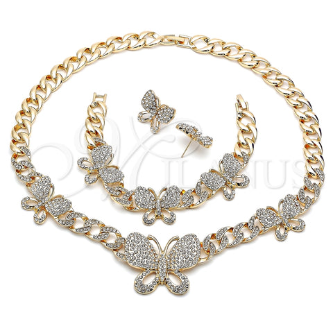 Collar, Pulsera y Dije 06.372.0040 Oro Laminado, Diseño de Mariposa y Miami Cubana, con Blanca Cristal, Pulido, Tono Dorado