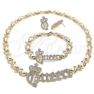 Collar, Pulsera y Dije 06.372.0041 Oro Laminado, Diseño de Besos y Abrazos y Corona, con Blanca Cristal, Pulido, Tono Dorado