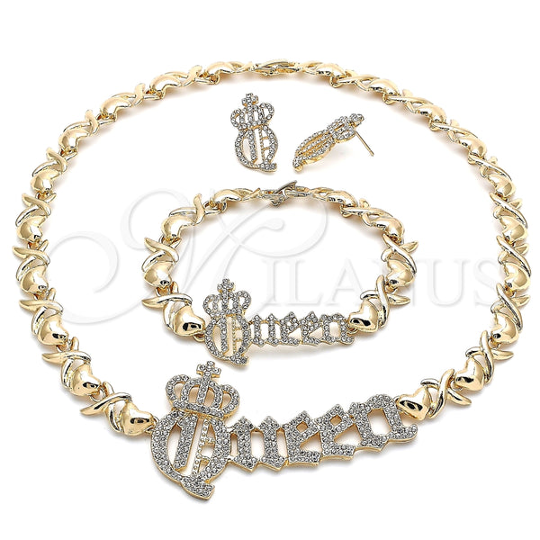 Collar, Pulsera y Dije 06.372.0041 Oro Laminado, Diseño de Besos y Abrazos y Corona, con Blanca Cristal, Pulido, Tono Dorado