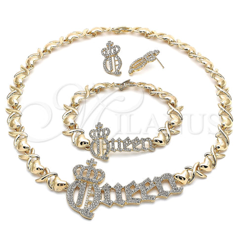 Collar, Pulsera y Dije 06.372.0041 Oro Laminado, Diseño de Besos y Abrazos y Corona, con Blanca Cristal, Pulido, Tono Dorado