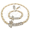 Collar, Pulsera y Dije 06.372.0041 Oro Laminado, Diseño de Besos y Abrazos y Corona, con Blanca Cristal, Pulido, Tono Dorado