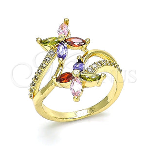 Anillo Multi Piedra 01.210.0139.07 Oro Laminado, Diseño de Flor, con Multicolor Zirconia Cubica and Blanca Micro Pave, Pulido, Tono Dorado (Size 7)