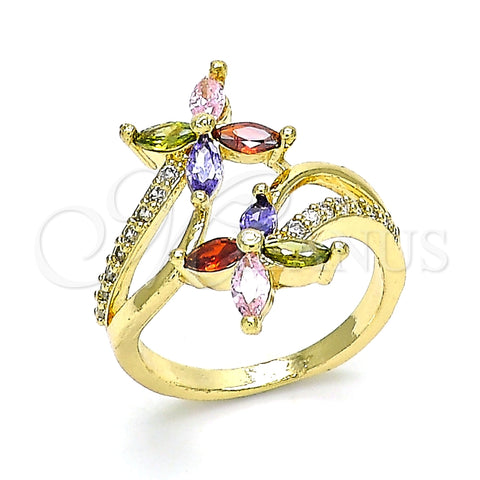 Anillo Multi Piedra 01.210.0139.08 Oro Laminado, Diseño de Flor, con Multicolor Zirconia Cubica and Blanca Micro Pave, Pulido, Tono Dorado (Size 8)