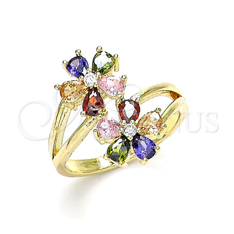 Anillo Multi Piedra 01.210.0146.08 Oro Laminado, Diseño de Flor, con Multicolor Zirconia Cubica, Pulido, Tono Dorado (Size 8)