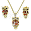 Juego de Arete y Dije de Adulto 10.210.0130.2 Oro Laminado, Diseño de Búho, con Granate and Negro Zirconia Cubica, Pulido, Tono Dorado