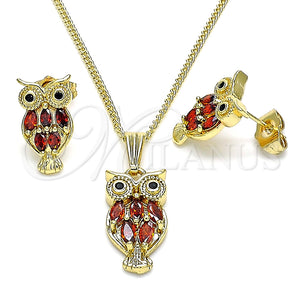 Juego de Arete y Dije de Adulto 10.210.0130.2 Oro Laminado, Diseño de Búho, con Granate and Negro Zirconia Cubica, Pulido, Tono Dorado