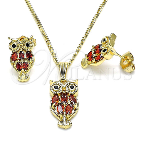 Juego de Arete y Dije de Adulto 10.210.0130.2 Oro Laminado, Diseño de Búho, con Granate and Negro Zirconia Cubica, Pulido, Tono Dorado