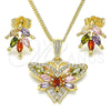 Juego de Arete y Dije de Adulto 10.210.0134.2 Oro Laminado, Diseño de Mariposa, con Multicolor Zirconia Cubica and Blanca Micro Pave, Pulido, Tono Dorado