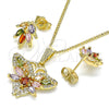 Juego de Arete y Dije de Adulto 10.210.0134.2 Oro Laminado, Diseño de Mariposa, con Multicolor Zirconia Cubica and Blanca Micro Pave, Pulido, Tono Dorado