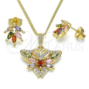 Juego de Arete y Dije de Adulto 10.210.0134.2 Oro Laminado, Diseño de Mariposa, con Multicolor Zirconia Cubica and Blanca Micro Pave, Pulido, Tono Dorado