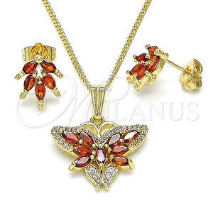 Juego de Arete y Dije de Adulto 10.210.0134.3 Oro Laminado, Diseño de Mariposa, con Granate Zirconia Cubica and Blanca Micro Pave, Pulido, Tono Dorado