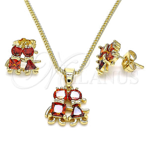 Juego de Arete y Dije de Adulto 10.210.0036.3 Oro Laminado, Diseño de Niñita Pequeña y Niñito Pequeño, con Granate Zirconia Cubica, Pulido, Tono Dorado