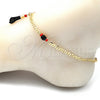 Tobillera de Dije 03.63.1812.10 Oro Laminado, Diseño de Manos, con Negro and Rojo Naranja Cristal, Pulido, Tono Dorado (04 MM Thickness, 10 Inches Length)