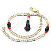 Tobillera de Dije 03.63.1812.10 Oro Laminado, Diseño de Manos, con Negro and Rojo Naranja Cristal, Pulido, Tono Dorado (04 MM Thickness, 10 Inches Length)