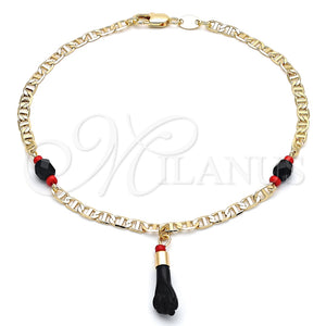Tobillera de Dije 03.63.1812.10 Oro Laminado, Diseño de Manos, con Negro and Rojo Naranja Cristal, Pulido, Tono Dorado (04 MM Thickness, 10 Inches Length)