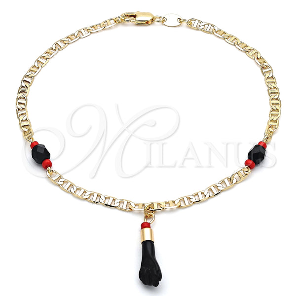 Tobillera de Dije 03.63.1812.10 Oro Laminado, Diseño de Manos, con Negro and Rojo Naranja Cristal, Pulido, Tono Dorado (04 MM Thickness, 10 Inches Length)