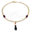 Tobillera de Dije 03.63.1812.10 Oro Laminado, Diseño de Manos, con Negro and Rojo Naranja Cristal, Pulido, Tono Dorado (04 MM Thickness, 10 Inches Length)